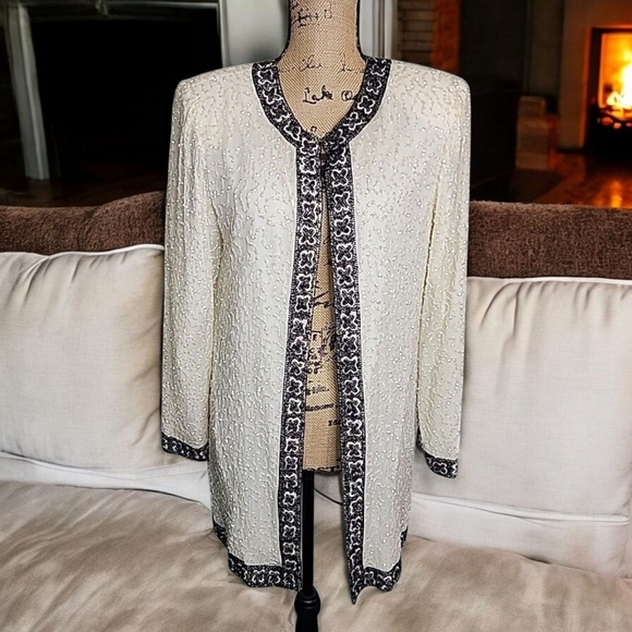 Laurence Kazar Vintage  Silk  Beaded Evening  Cardigan Jacket Size Medium - Picture 1 of 9